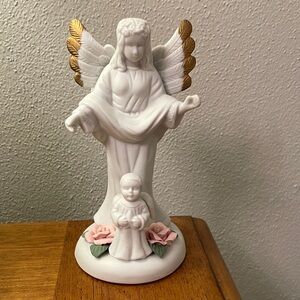 Like New Porcelain Bisque Guardian Angel with Child Floral Accents Religious